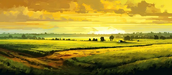 golden evening light, the expanse of green fields stretched out until they met the yellow margin where the ground melded with the vastness of space. - obrazy, fototapety, plakaty