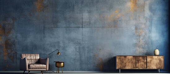 In an abstract blend of texture and design, the vintage art piece showcased the construction of space on the wall, with paint transforming the grunge blue wallpaper into a mesmerizing vintage metal - obrazy, fototapety, plakaty