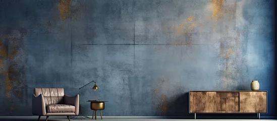 Fotobehang In an abstract blend of texture and design, the vintage art piece showcased the construction of space on the wall, with paint transforming the grunge blue wallpaper into a mesmerizing vintage metal © AkuAku