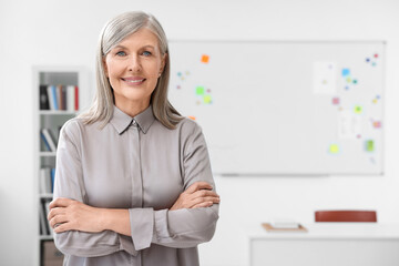 Portrait of happy professor in classroom, space for text
