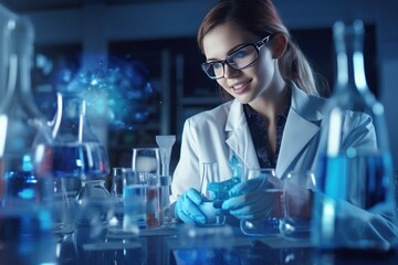 Enthusiastic female scientist in lab, using advanced equipment, white coat, medical research, team of experts, innovation.