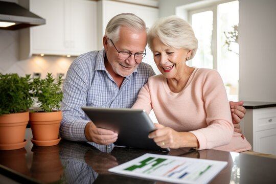 Elderly couple reviewing their retirement account growth on a digital tablet.