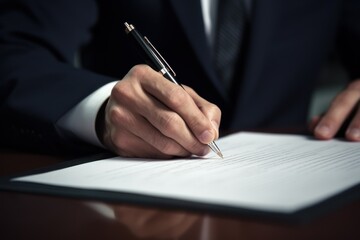 Hand holding a pen and signing important business documents, symbolizing agreement and contracts.