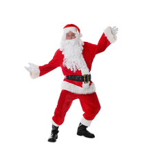 Man in Santa Claus costume posing on white background