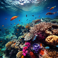 Fototapeta na wymiar A mesmerizing underwater view of colorful coral reefs surrounded by a variety of fish species. AI Generative.