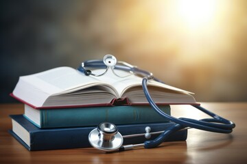 Stethoscope on a pile of medical books, symbolizing medical education and knowledge. - obrazy, fototapety, plakaty