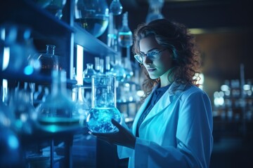 Young researcher with lab glassware, innovative laboratory, white coat, medical experimentation, collaborative scientific team.