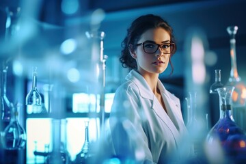 Young woman scientist with test tubes, vibrant laboratory, innovative research, white coat, team of experts, medical breakthrough.