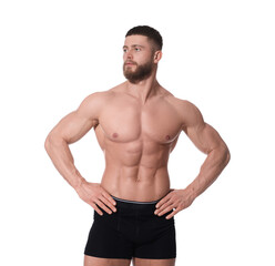 Fototapeta premium Young man is stylish black underwear on white background