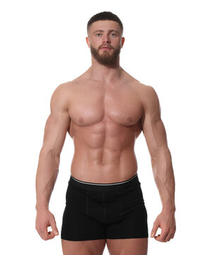 Young man is stylish black underwear on white background