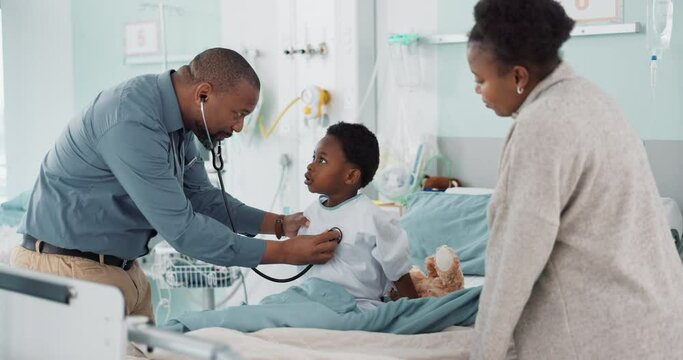 Pediatrician, African and parent with child in hospital for check or healthcare consultation in clinic for health assessment. Medical, cardiology and mom love kid with support and doctor with advice