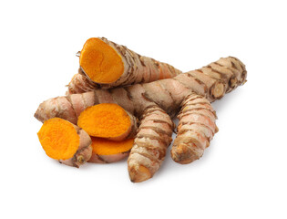 Whole and cut turmeric roots isolated on white