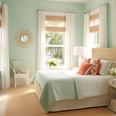 A serene guest room in Reed with a calming seafoam 
