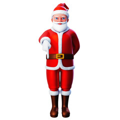 3D character of santa claus pointing to the bottom side using left hand, Merry Christmas and Happy New Year, 3d illustration and rendering