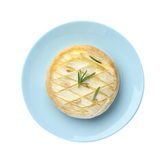 Tasty baked brie cheese with rosemary isolated on white, top view
