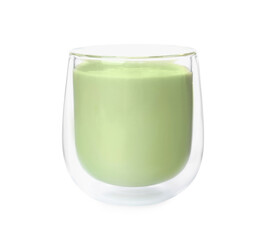 Glass of tasty matcha smoothie isolated on white