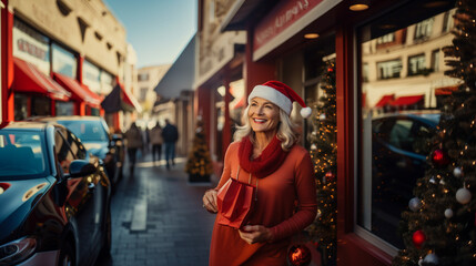 Fototapeta na wymiar elderly or mature woman in Santa hat enjoys festive city street, shopping for Christmas gifts. Joy and excitement of holiday season.