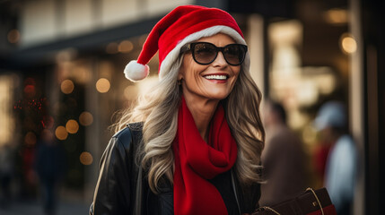 Smiling older woman in Santa hat walks festive city street, cheerful mood. Captures joy of holiday...