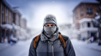 Fototapeta na wymiar Young man stands in snowy city wearing gray and white hat and scarf, backpack on back. Enjoys winter weather with adventure