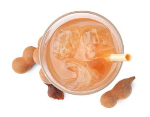 Glass of tamarind juice and fresh fruits isolated on white, top view