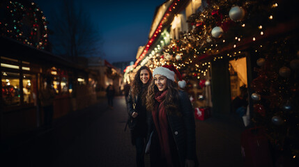 young woman in Santa hat laughs with friend, surrounded by Christmas lights and joyful atmosphere