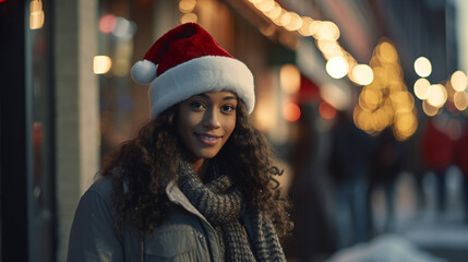 festive african-american woman in santa hat on city street at night, curious gaze adds to holiday cheer