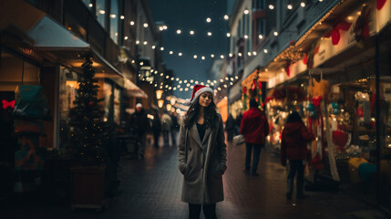 Obraz premium festive woman in santa hat on city street at night, joyful crowd, capturing holiday joy and diverse urban atmosphere