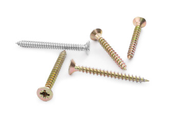 Metal screws isolated on white. Hardware tools