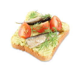 Delicious sandwich with sprats, tomatoes, dill and avocado puree isolated on white
