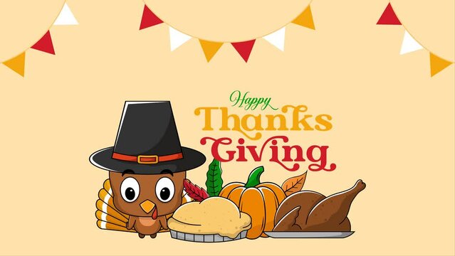 Happy Thanksgiving text animation decorated with cute cartoon images that appear as pop ups and flags that add the perfect decoration to invitation cards, celebrations in 4K format