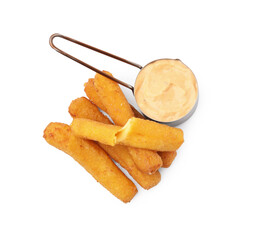 Tasty fried mozzarella sticks and sauce isolated on white, top view