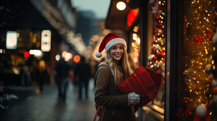 Fototapeta na wymiar blonde woman in santa hat with red shopping bag on festive city street, smiling brightly, capturing holiday joy
