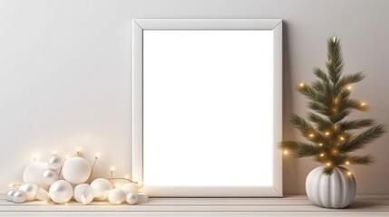 Fototapeta na wymiar White blank picture frame with Christmas decorations, holidays festive mock up, Generative ai