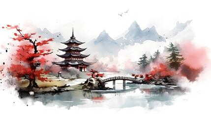 Paintings using watercolors and Chinese ink, Landscape with Japanese pagoda and mountains.