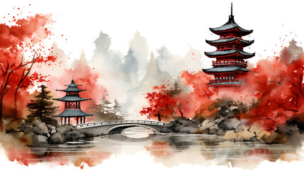 Paintings using watercolors and Chinese ink, Landscape with Japanese pagoda and mountains. - obrazy, fototapety, plakaty