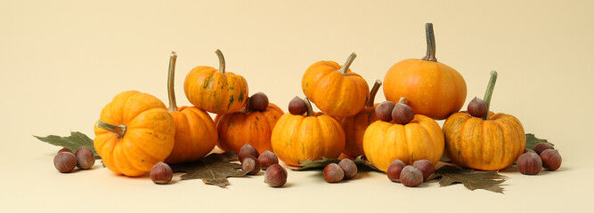 Thanksgiving day. Beautiful composition with pumpkins on beige background