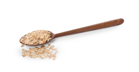 Wooden spoon with oatmeal isolated on white