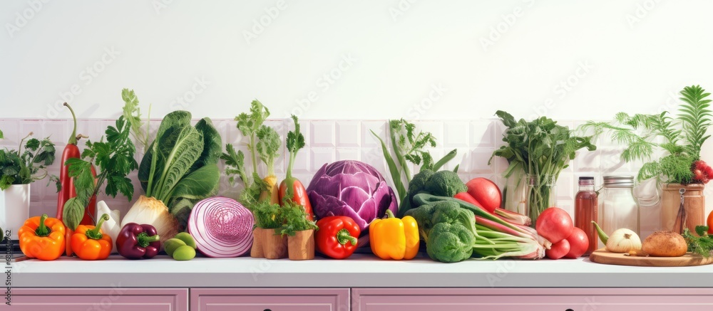 Poster background of a peaceful summer, a white kitchen is filled with vibrant colors as a chef uses fresh, natural ingredients to create a healthy and colorful meal centered around pink-hued vegetables