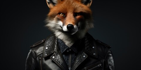 A close up of a fox wearing a leather jacket. Generative AI. - obrazy, fototapety, plakaty