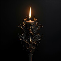 Fototapeta premium Solitary Glow: Black Burning Candle on a Matching Black Background. Generative ai