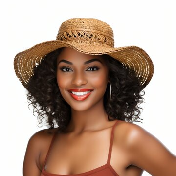 Summer Radiance: Young, Attractive Black Woman in Bikini and Straw Hat. Generative ai