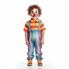 Halloween Delight: Cute Little Boy in Clown Costume Isolated on White. Generative ai