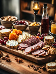 Obraz na płótnie Canvas Charcuterie Board, beautifully arranged platter typically featuring a variety of cured meats, cheeses, fruits, nuts, spreads, and often accompanied by bread or crackers.