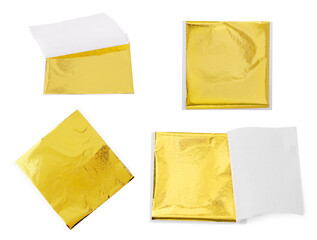 Edible gold leaf sheet isolated on white, set