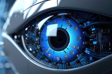 Robot eyeball close-up with blue pupil scanning an eye