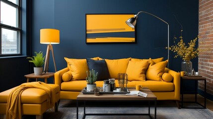 An urban scene ablaze with mustard and navy
