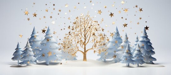 abstract and snowy winter landscape, a beautiful gold tree made of wood stands out against the white background, adorned with hand-painted blue stars, creating a mesmerizing Christmas card that - obrazy, fototapety, plakaty