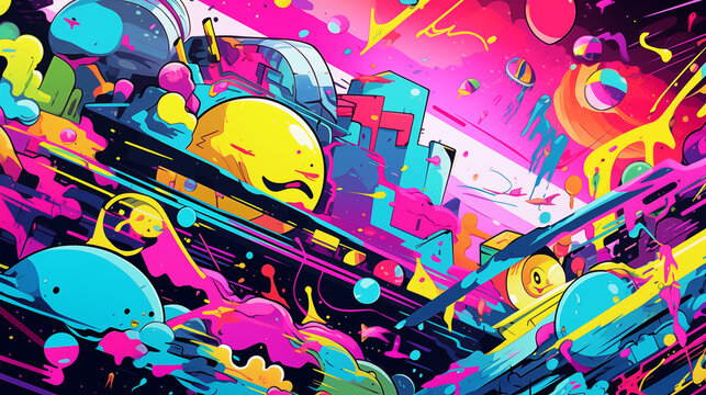 Abstract neon background with squares, graffiti paint style. Synth-wave colorful wallpaper. Space textures with bright streaks of paint. Digital art. Retro futuristic design with neon lights