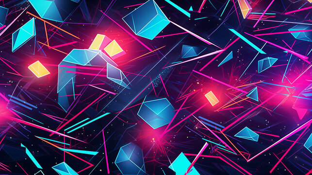 Abstract neon background with squares, cyberpunk style. Synth-wave wallpaper. Space textures with bright rays. Digital art. Retro futuristic design with neon lights