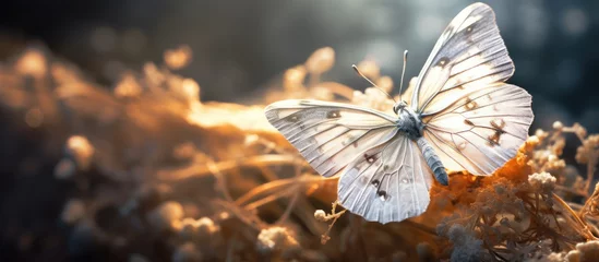 Papier Peint photo Photographie macro In the serene nature background, an isolated white butterfly, a majestic animal and delicate insect, showcases its intricate brown wings in mesmerizing macro detail.